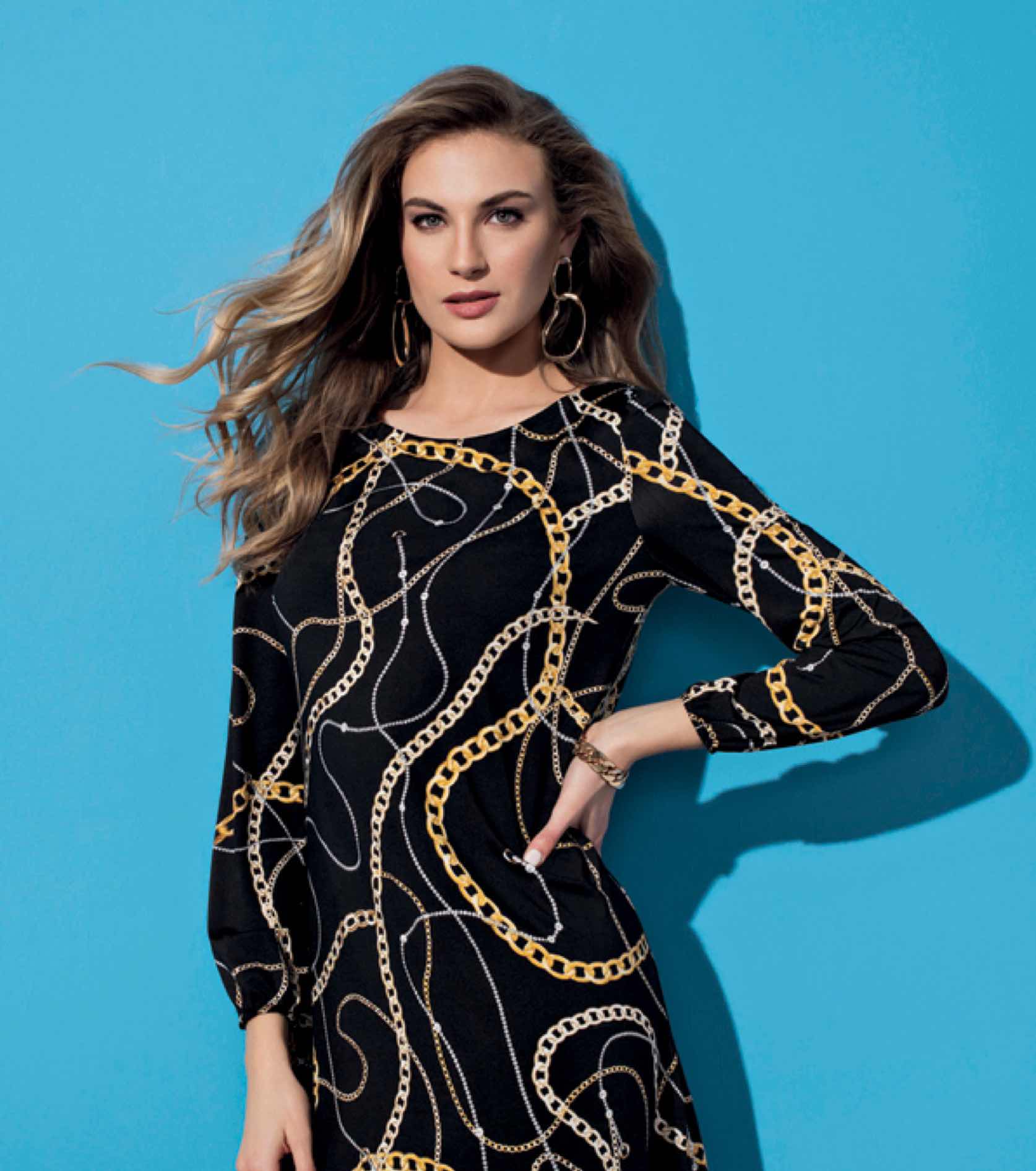 Model in black patterned long sleeve Frank Lyman dress