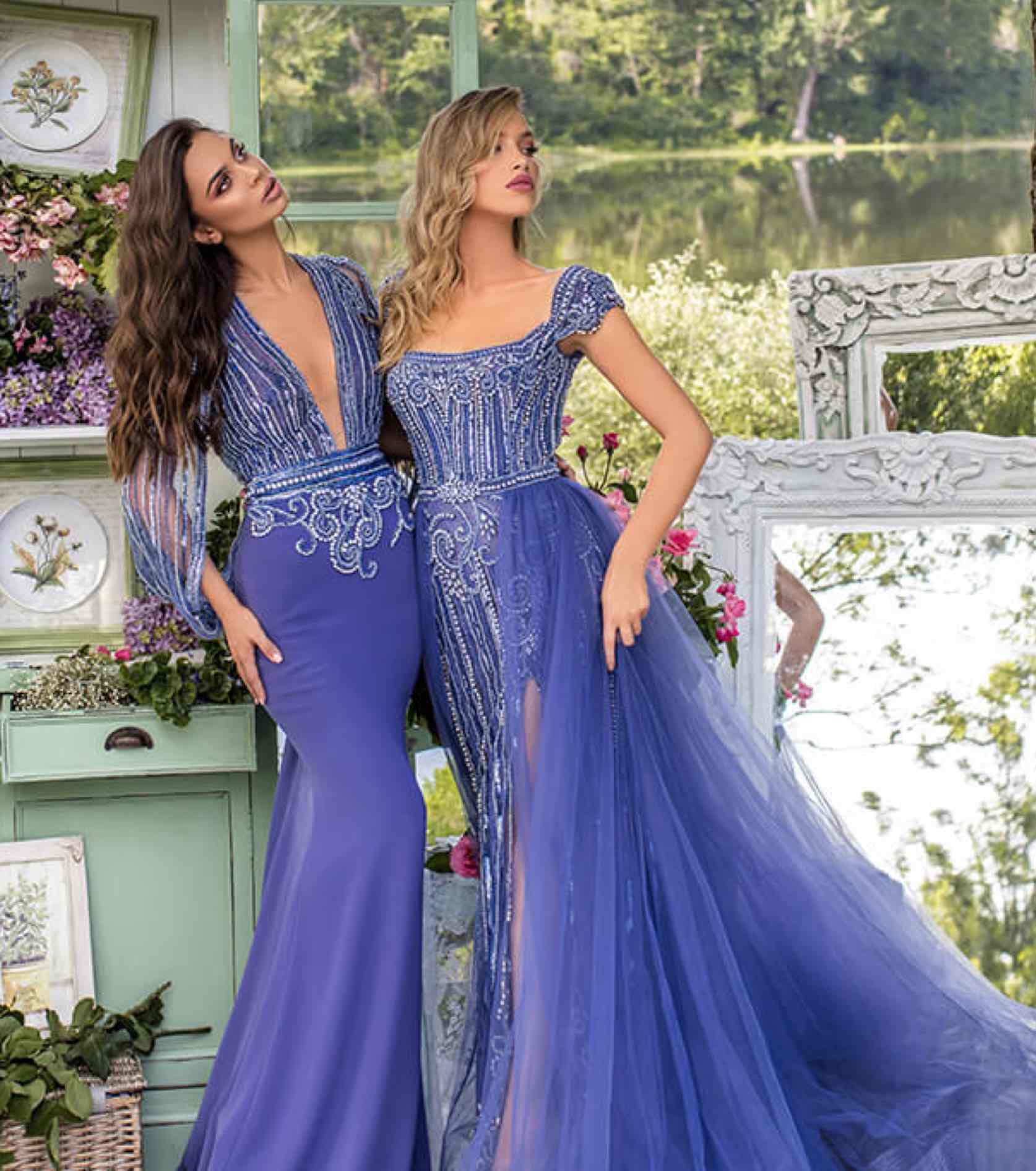 Models in purple beaded Tarik Ediz gowns