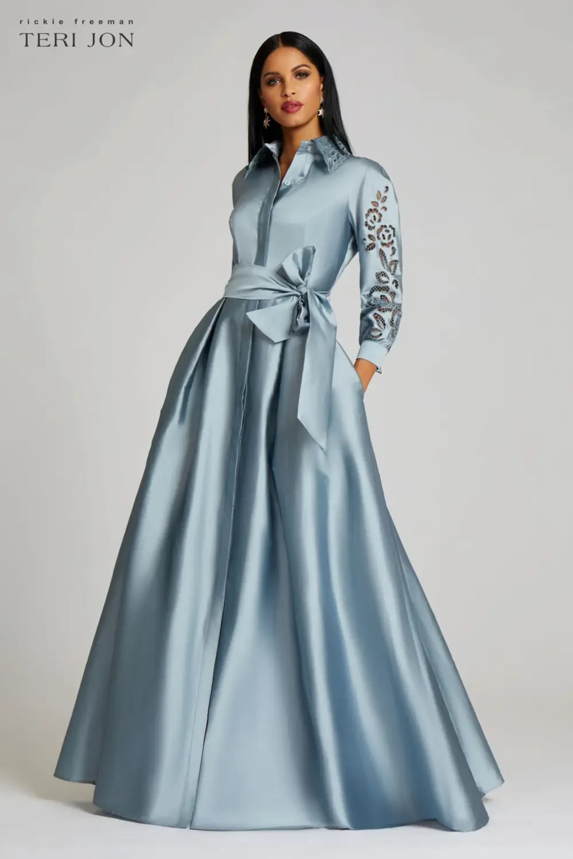 Teri jon silver gown top